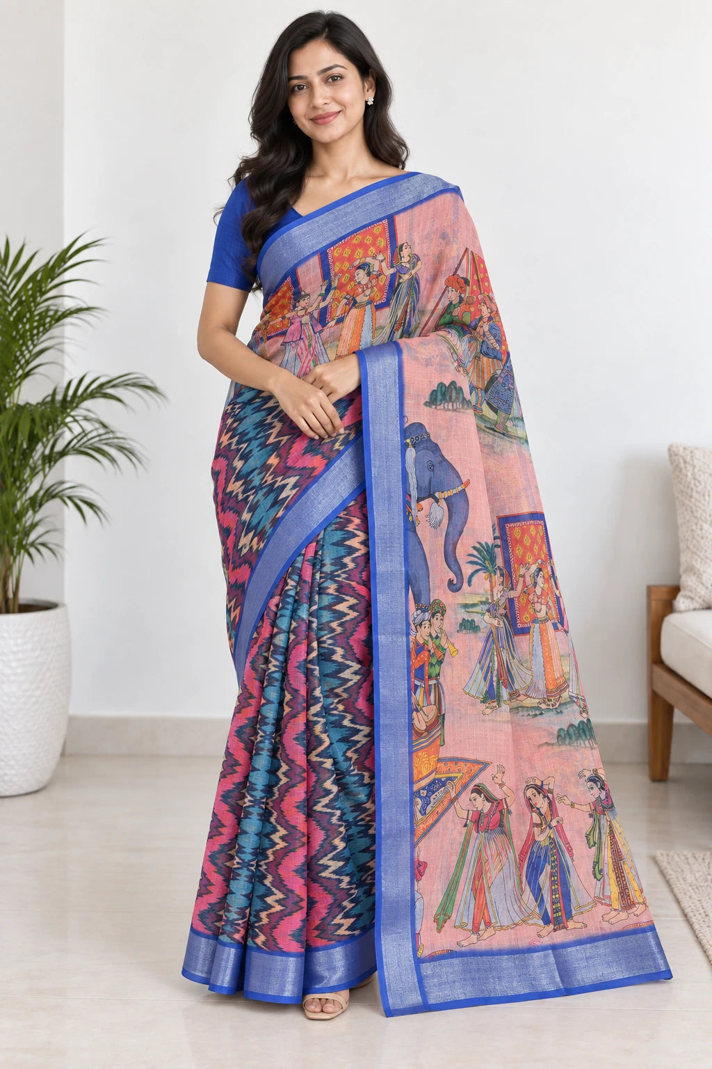 Amulya — Blue Multicolour Chevron Saree, model-worn styling photograph