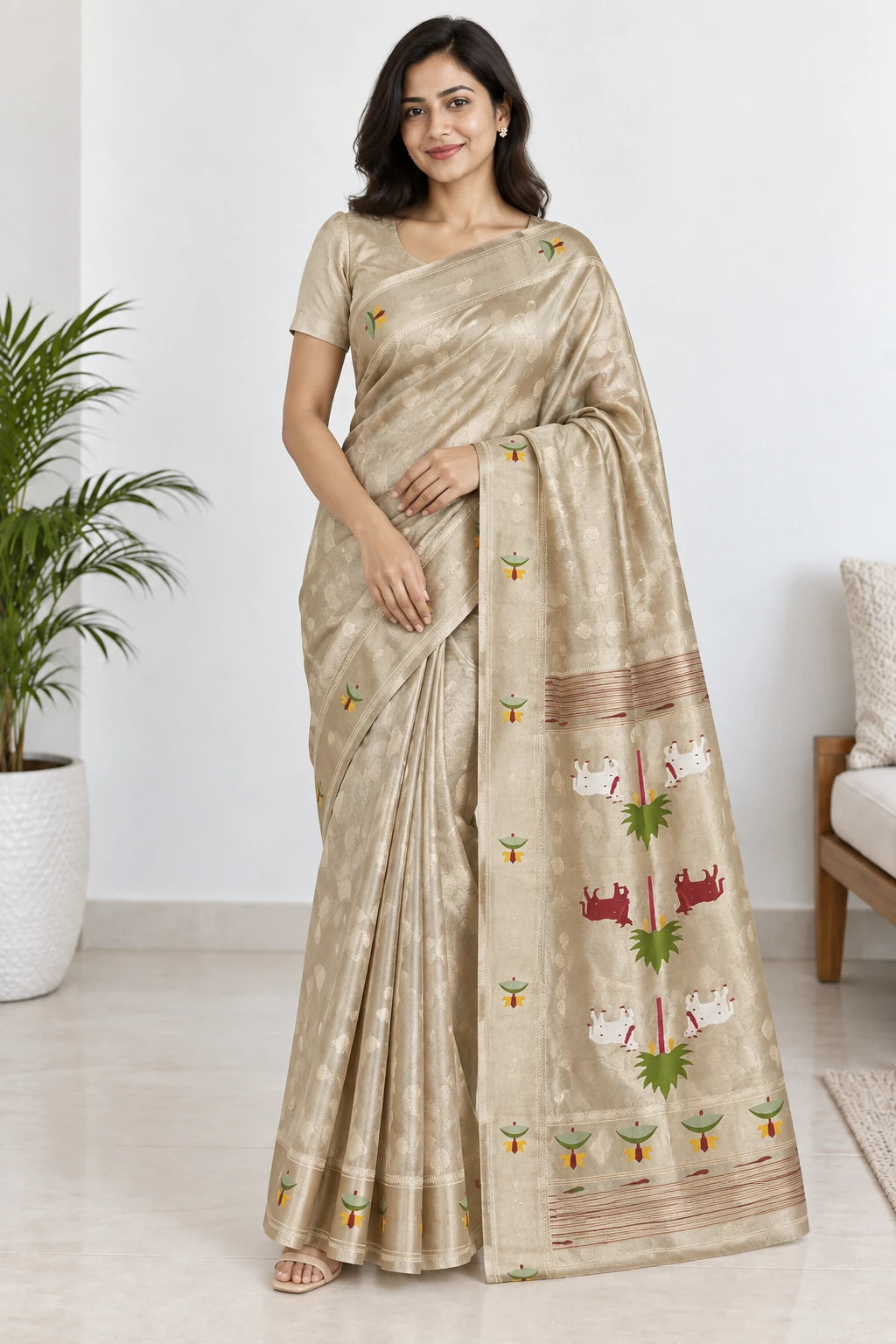 Bhavya — Champagne Cow Motif Saree, model-worn styling photograph