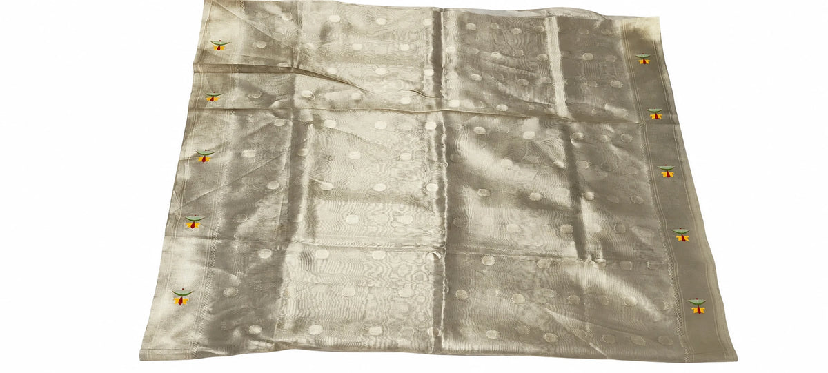 Bhavya — Champagne Cow Motif Saree, retouched garment view on a clean background