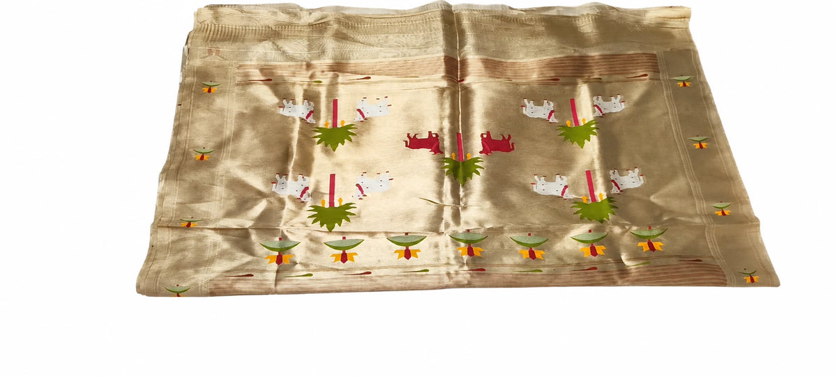 Bhavya — Champagne Cow Motif Saree, retouched garment detail 1 on a clean background