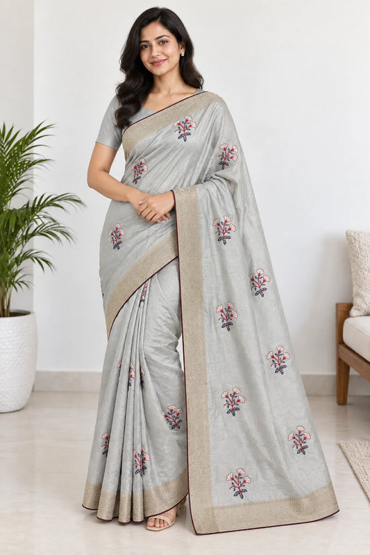 Chandrika — Pale Silver Floral Sprig Saree, model-worn styling photograph