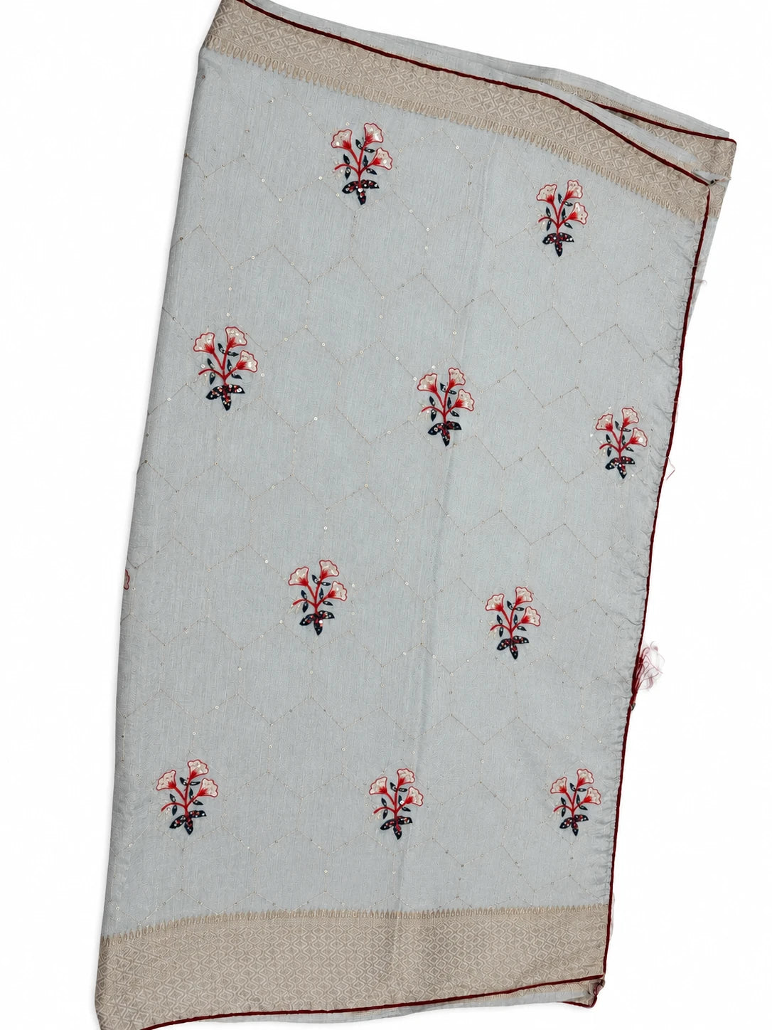 Chandrika — Pale Silver Floral Sprig Saree, retouched garment view on a clean background