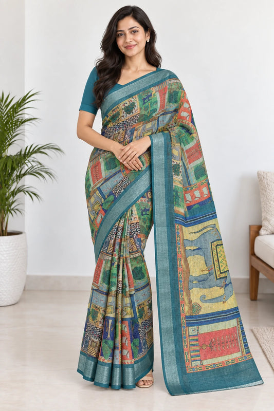 Charita — Teal Elephant Patchwork Saree, model-worn styling photograph