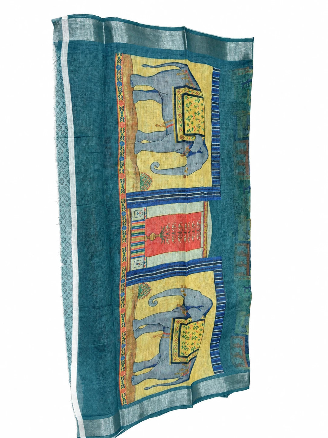 Charita — Teal Elephant Patchwork Saree, retouched garment detail 1 on a clean background