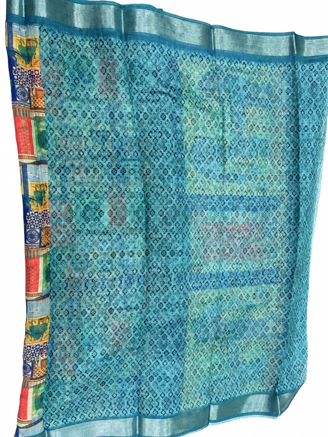 Charita — Teal Elephant Patchwork Saree, retouched garment detail 2 on a clean background