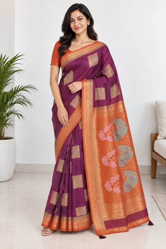 Devyani — Plum Orange Leaf Saree, model-worn styling photograph