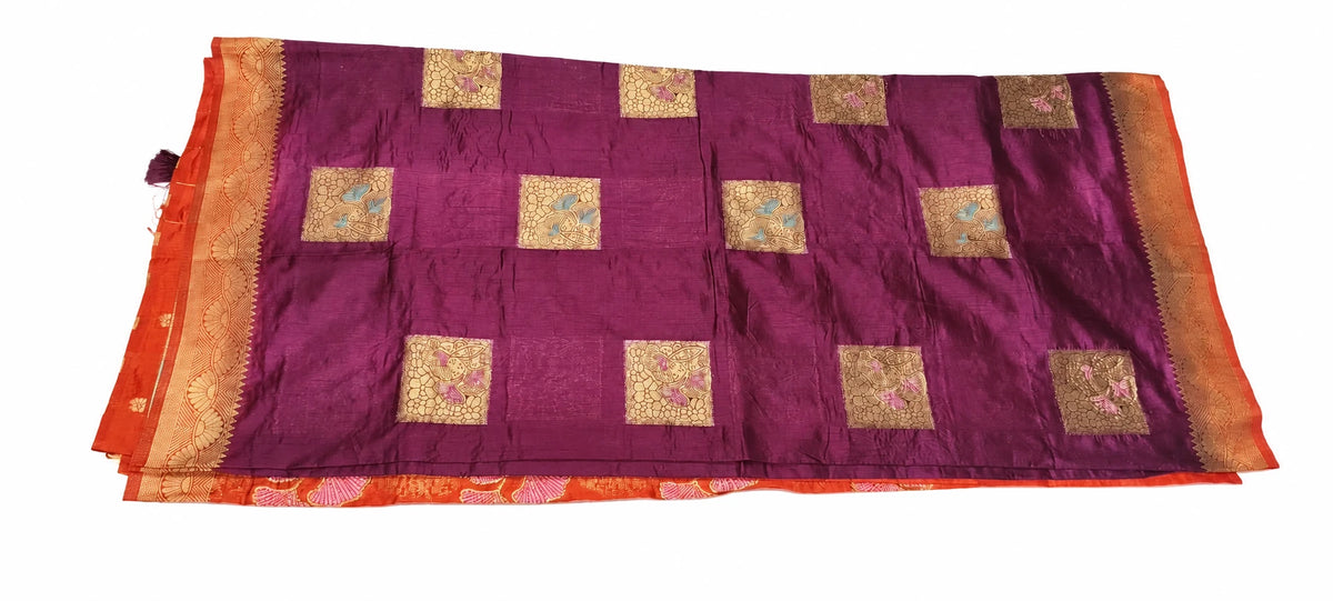 Devyani — Plum Orange Leaf Saree, retouched garment view on a clean background
