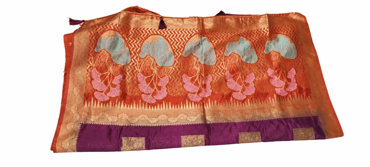 Devyani — Plum Orange Leaf Saree, retouched garment detail 1 on a clean background