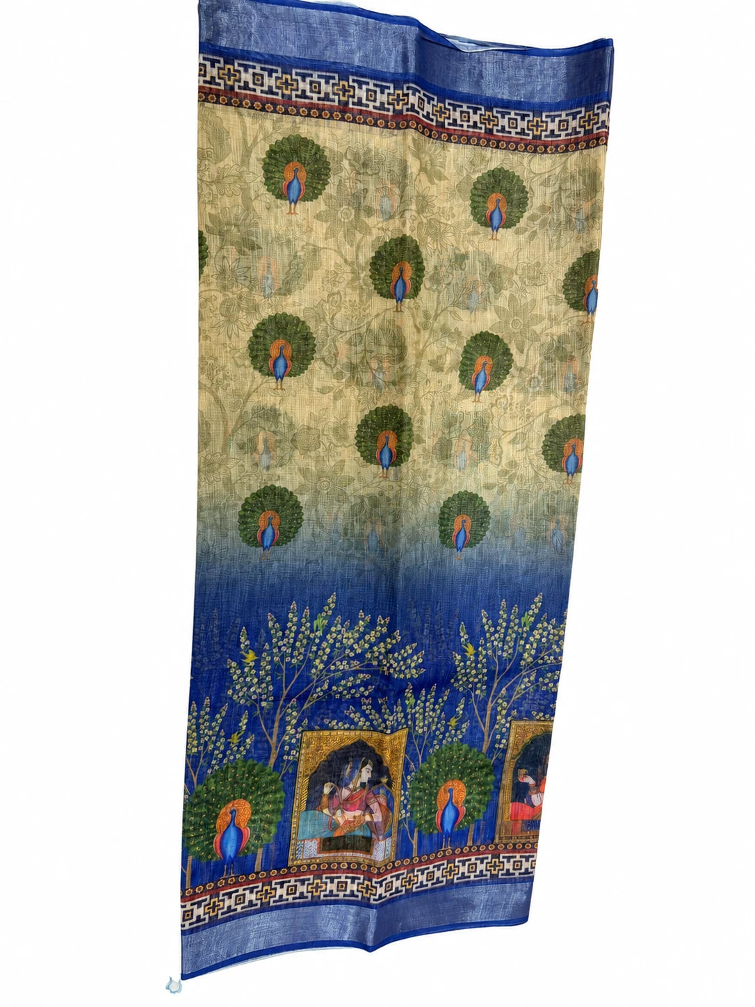 Dhatri — Gold Blue Peacock Saree, retouched garment view on a clean background