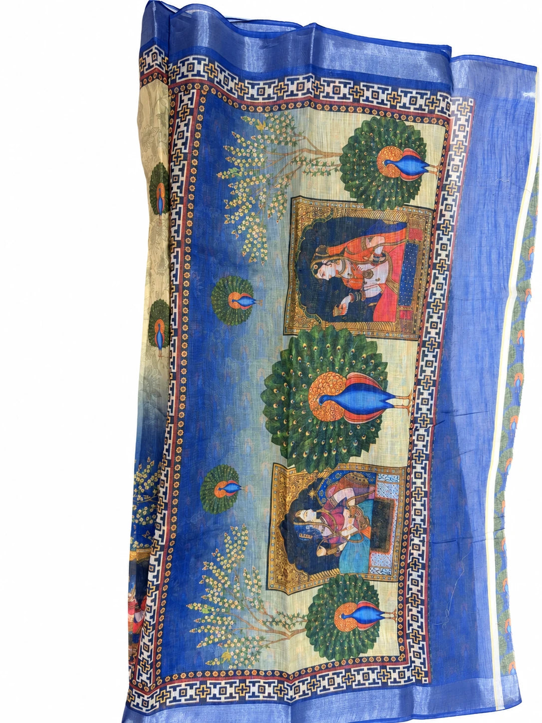 Dhatri — Gold Blue Peacock Saree, retouched garment detail 1 on a clean background