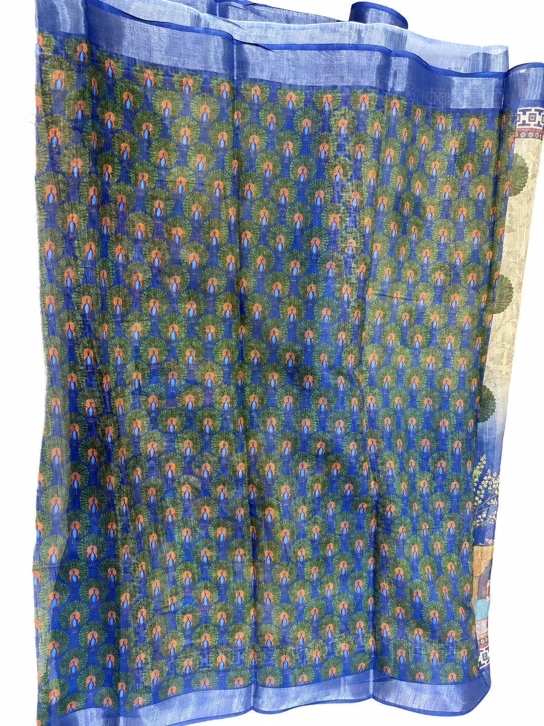 Dhatri — Gold Blue Peacock Saree, retouched garment detail 2 on a clean background