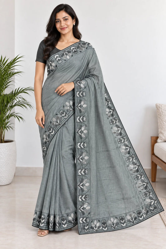 Eshani — Grey Black Leaf Border Saree, model-worn styling photograph