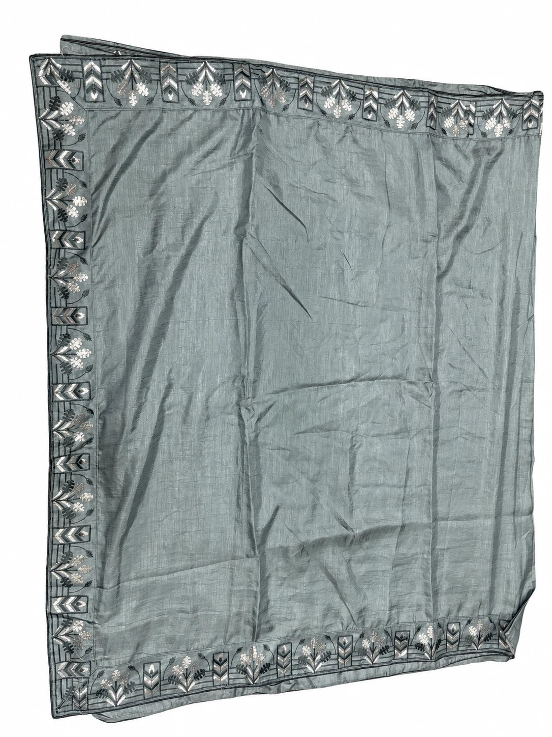 Eshani — Grey Black Leaf Border Saree, retouched garment view on a clean background