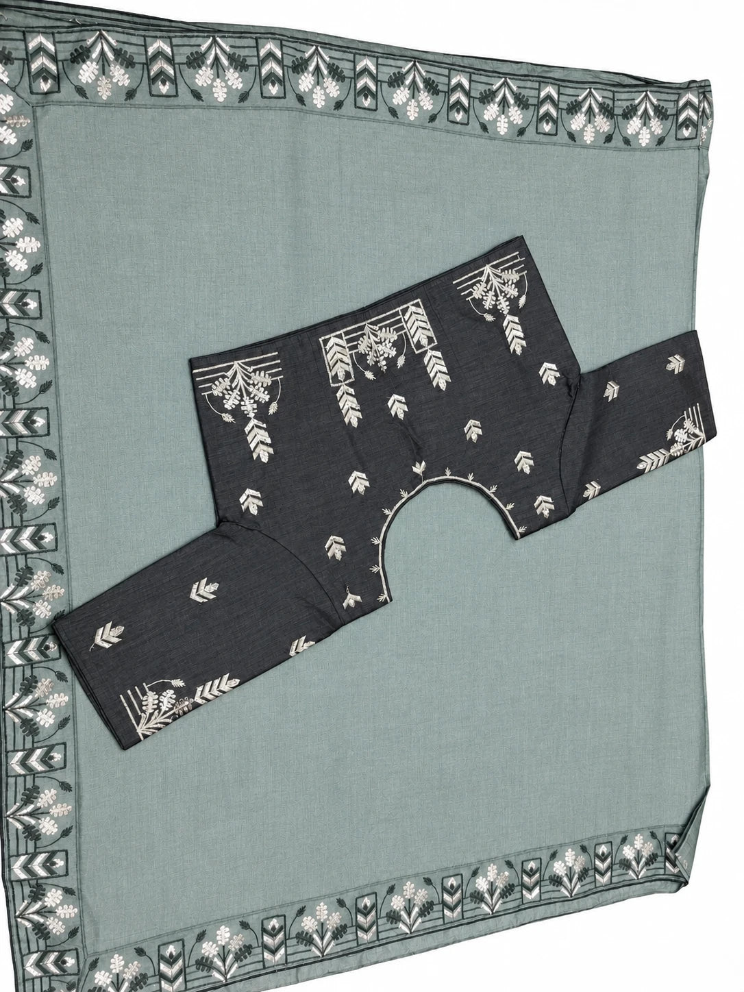Eshani — Grey Black Leaf Border Saree, retouched garment detail 1 on a clean background