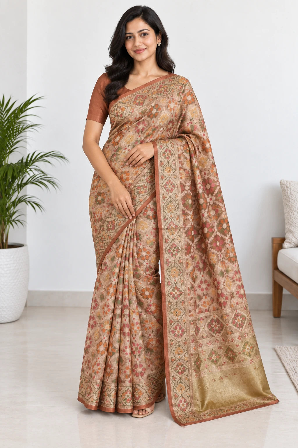Eshwari — Copper Multicolour Floral Saree, model-worn styling photograph