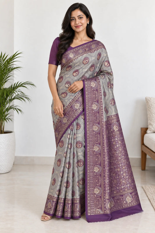 Gaurika — Silver Violet Medallion Saree, model-worn styling photograph