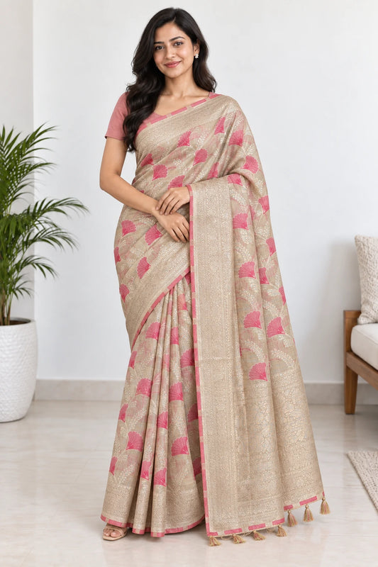 Geetika — Champagne Pink Leaf Saree, model-worn styling photograph