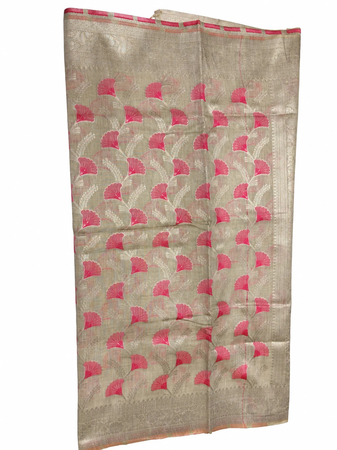 Geetika — Champagne Pink Leaf Saree, retouched garment view on a clean background