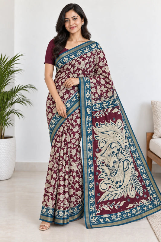 Hansini — Wine Teal Folk Motif Saree, model-worn styling photograph