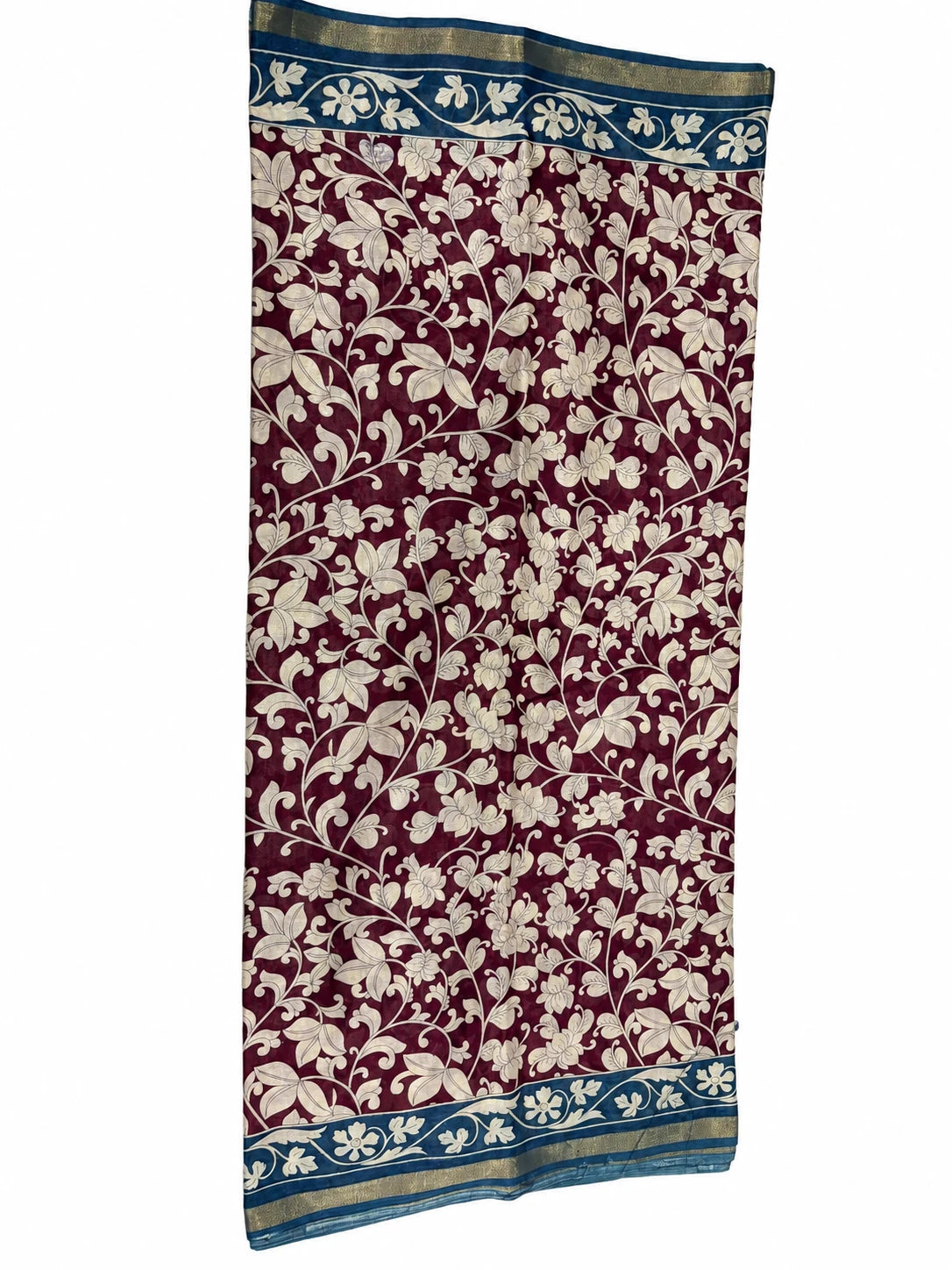 Hansini — Wine Teal Folk Motif Saree, retouched garment view on a clean background