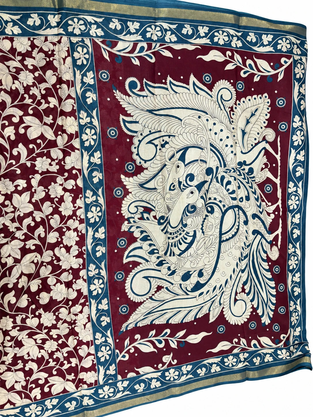 Hansini — Wine Teal Folk Motif Saree, retouched garment detail 1 on a clean background