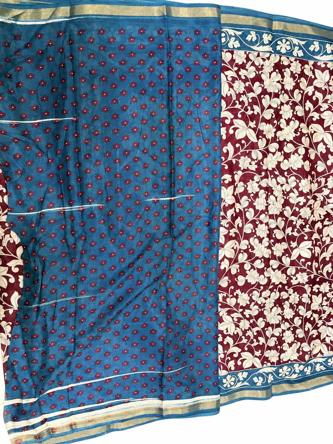 Hansini — Wine Teal Folk Motif Saree, retouched garment detail 2 on a clean background