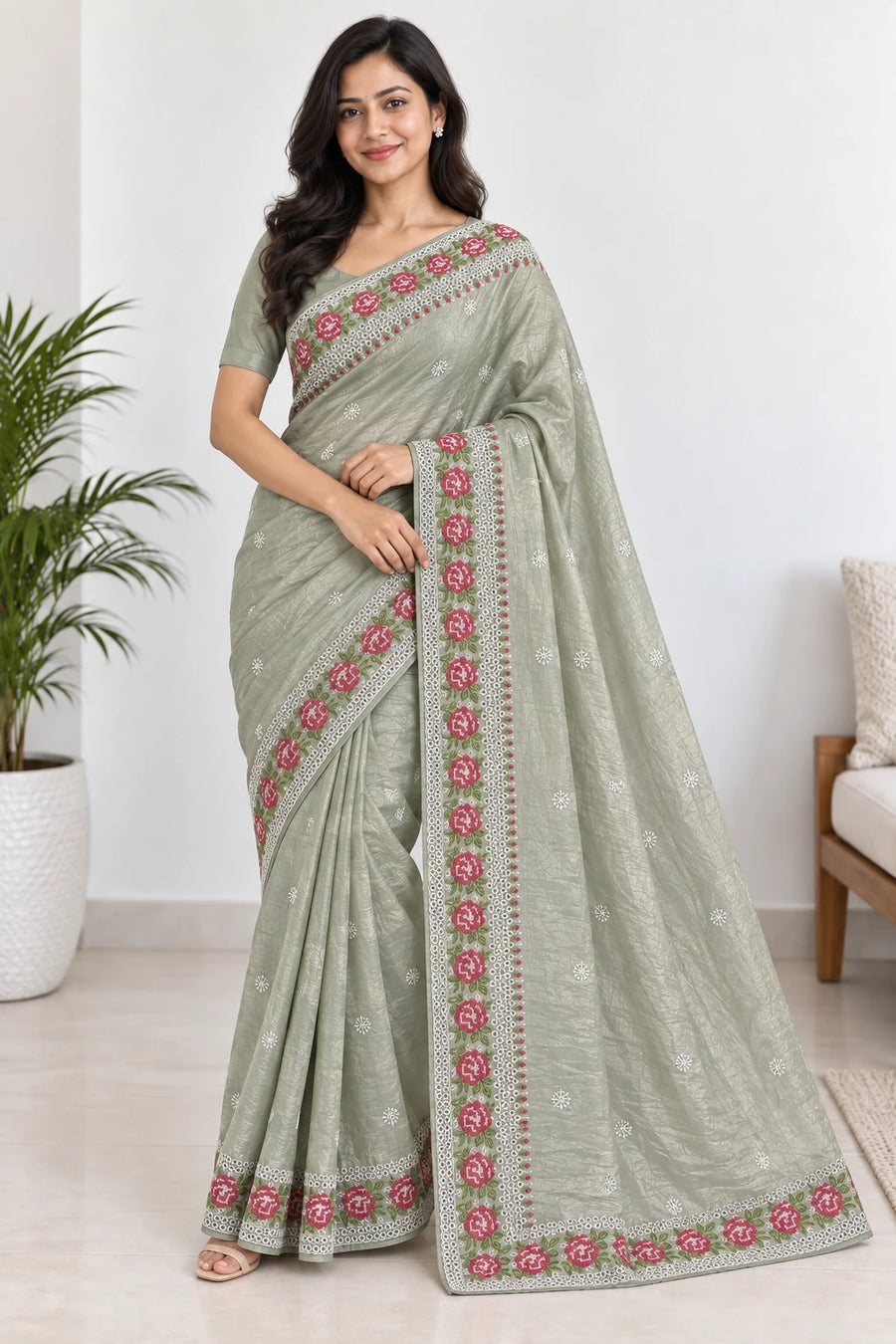 Haritha — Silver Sage Rose Border Saree