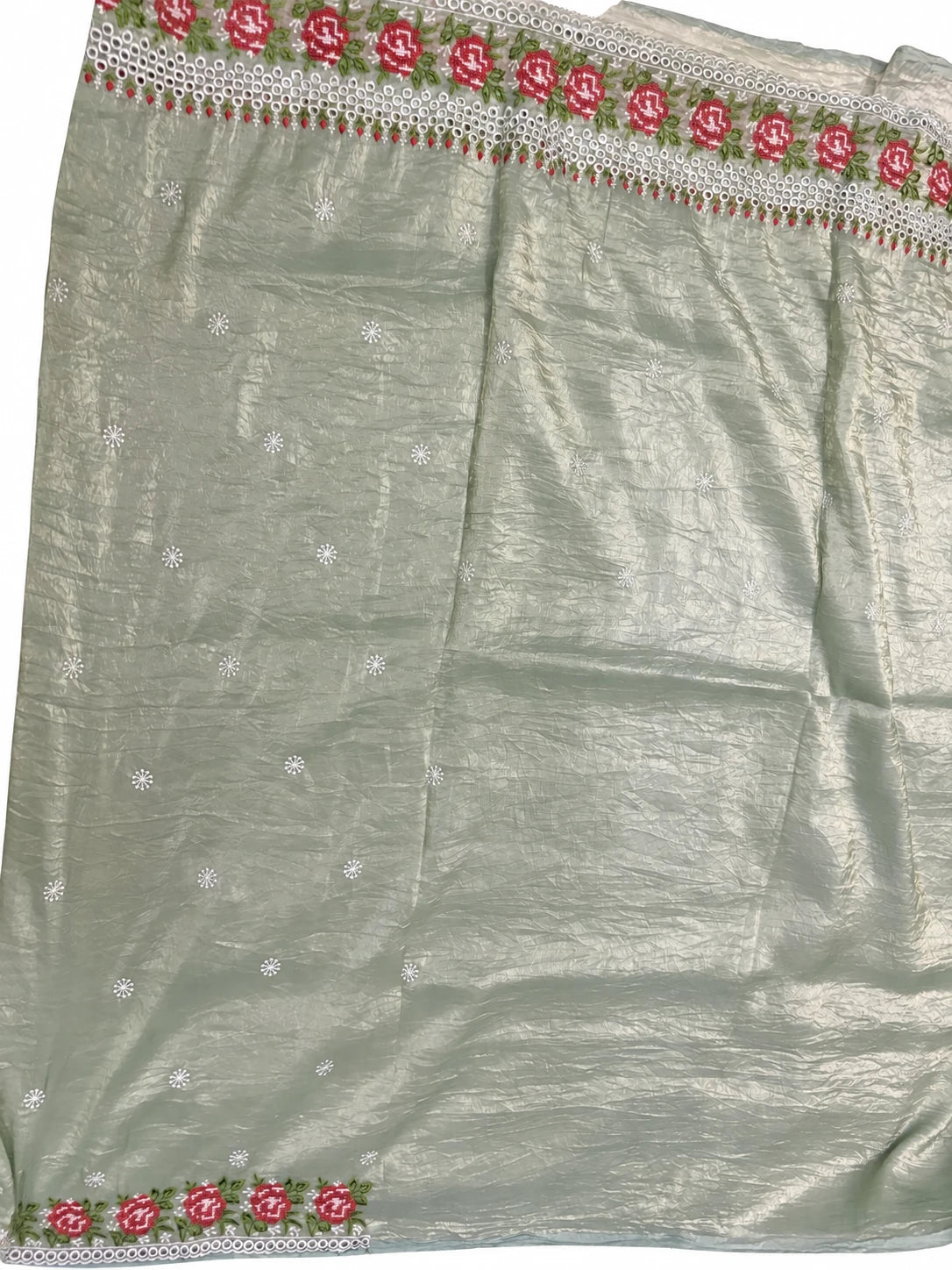 Haritha — Silver Sage Rose Border Saree, retouched garment view on a clean background