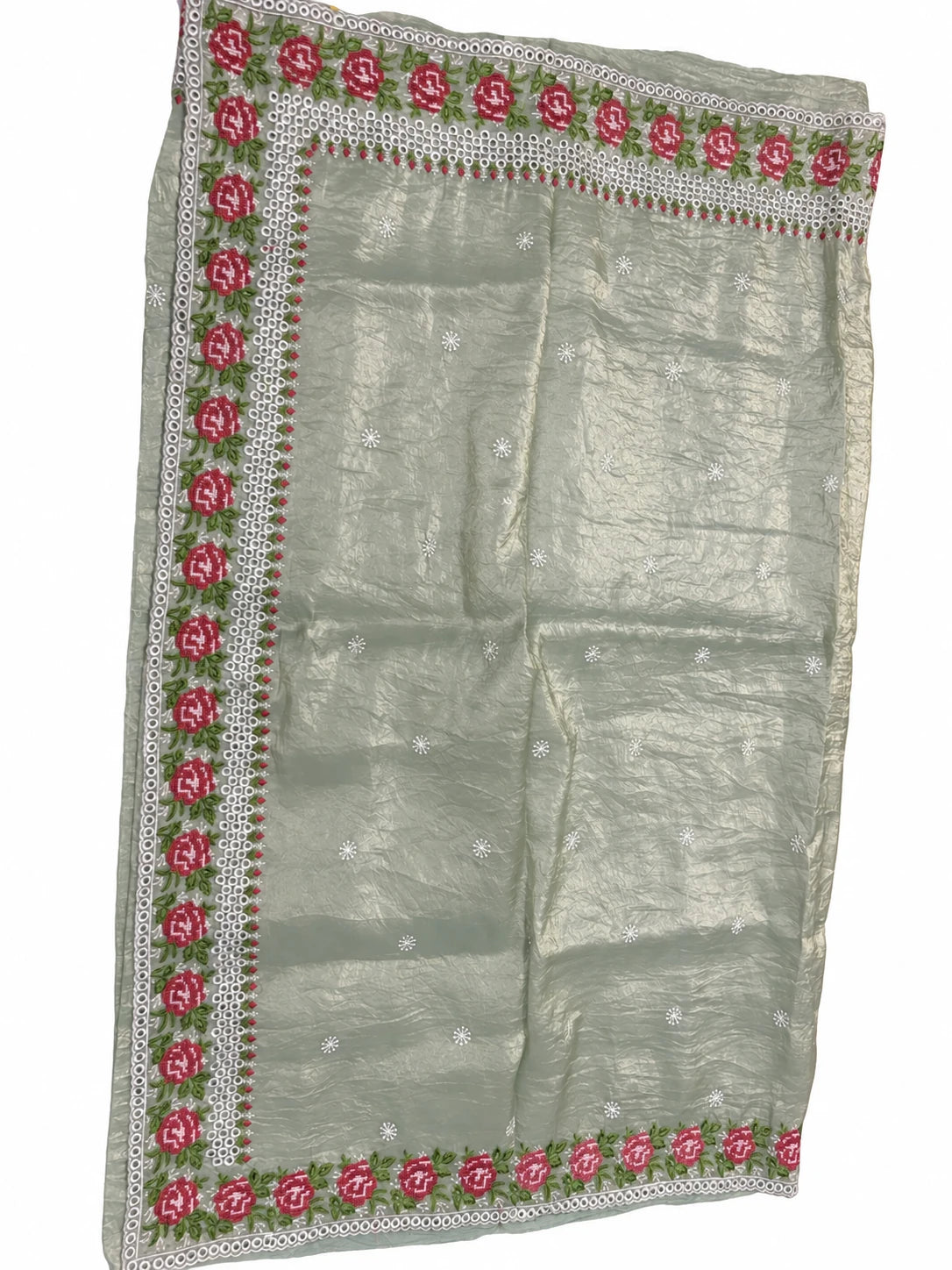 Haritha — Silver Sage Rose Border Saree, retouched garment detail 1 on a clean background