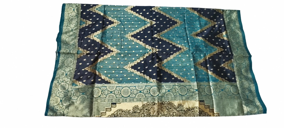 Indira — Teal Navy Chevron Saree, retouched garment view on a clean background