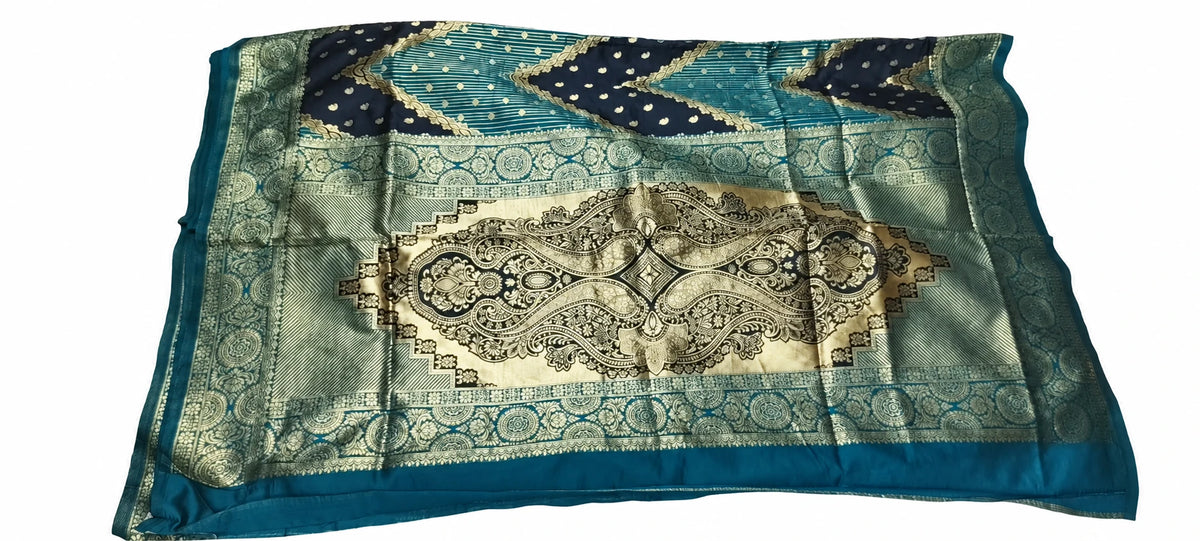 Indira — Teal Navy Chevron Saree, retouched garment detail 1 on a clean background