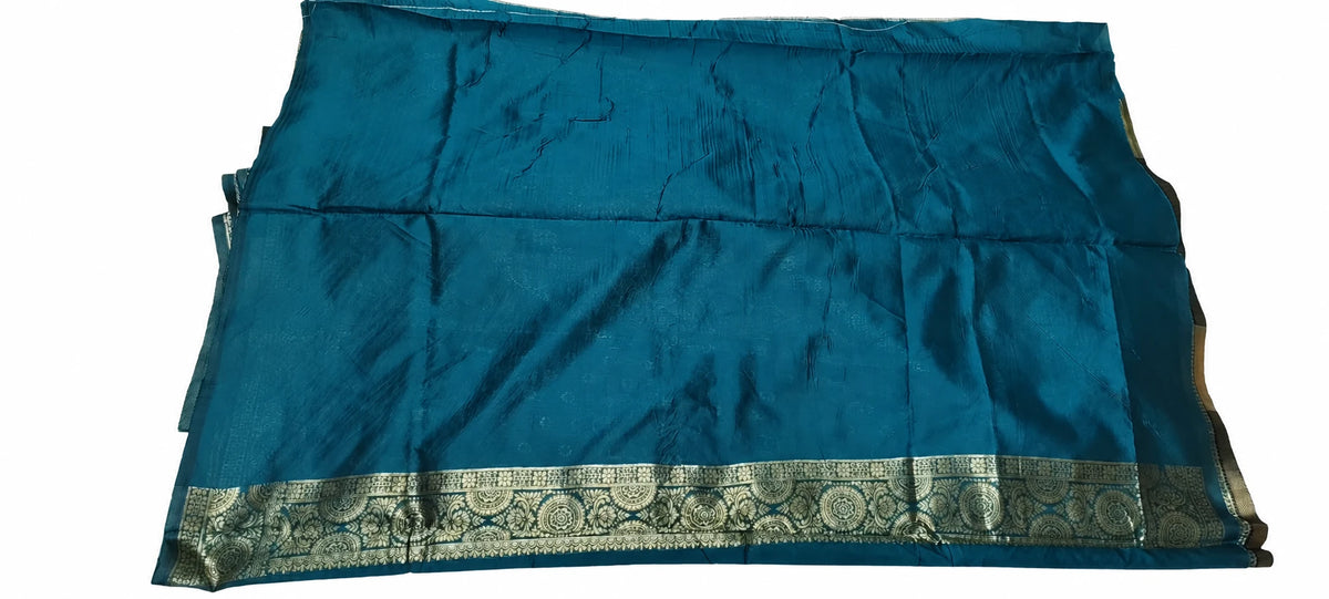 Indira — Teal Navy Chevron Saree, retouched garment detail 2 on a clean background