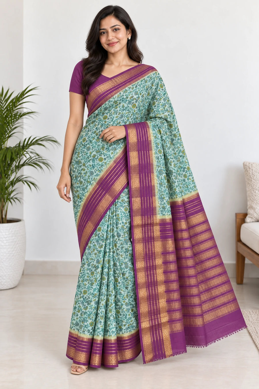 Jahnavi — Mint Purple Floral Saree