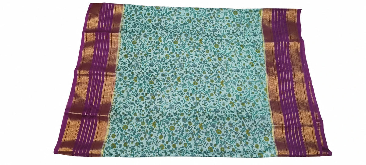 Jahnavi — Mint Purple Floral Saree, retouched garment view on a clean background