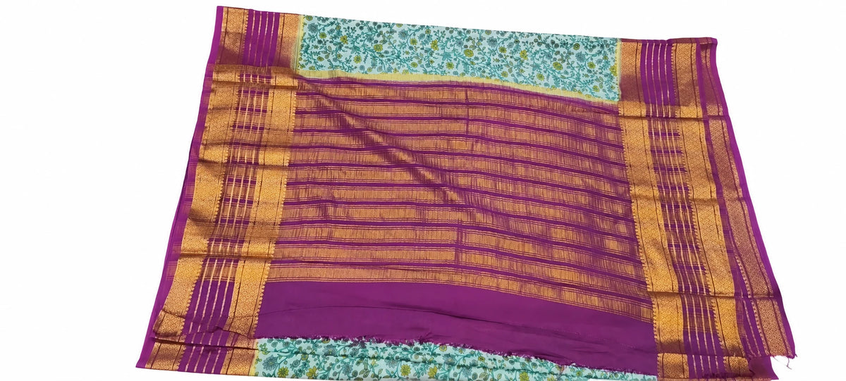Jahnavi — Mint Purple Floral Saree, retouched garment detail 1 on a clean background