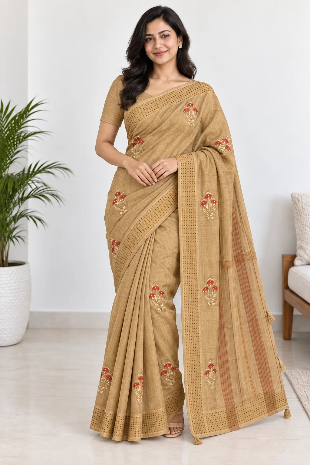 Lekha — Sand Gold Sprig Saree, model-worn styling photograph