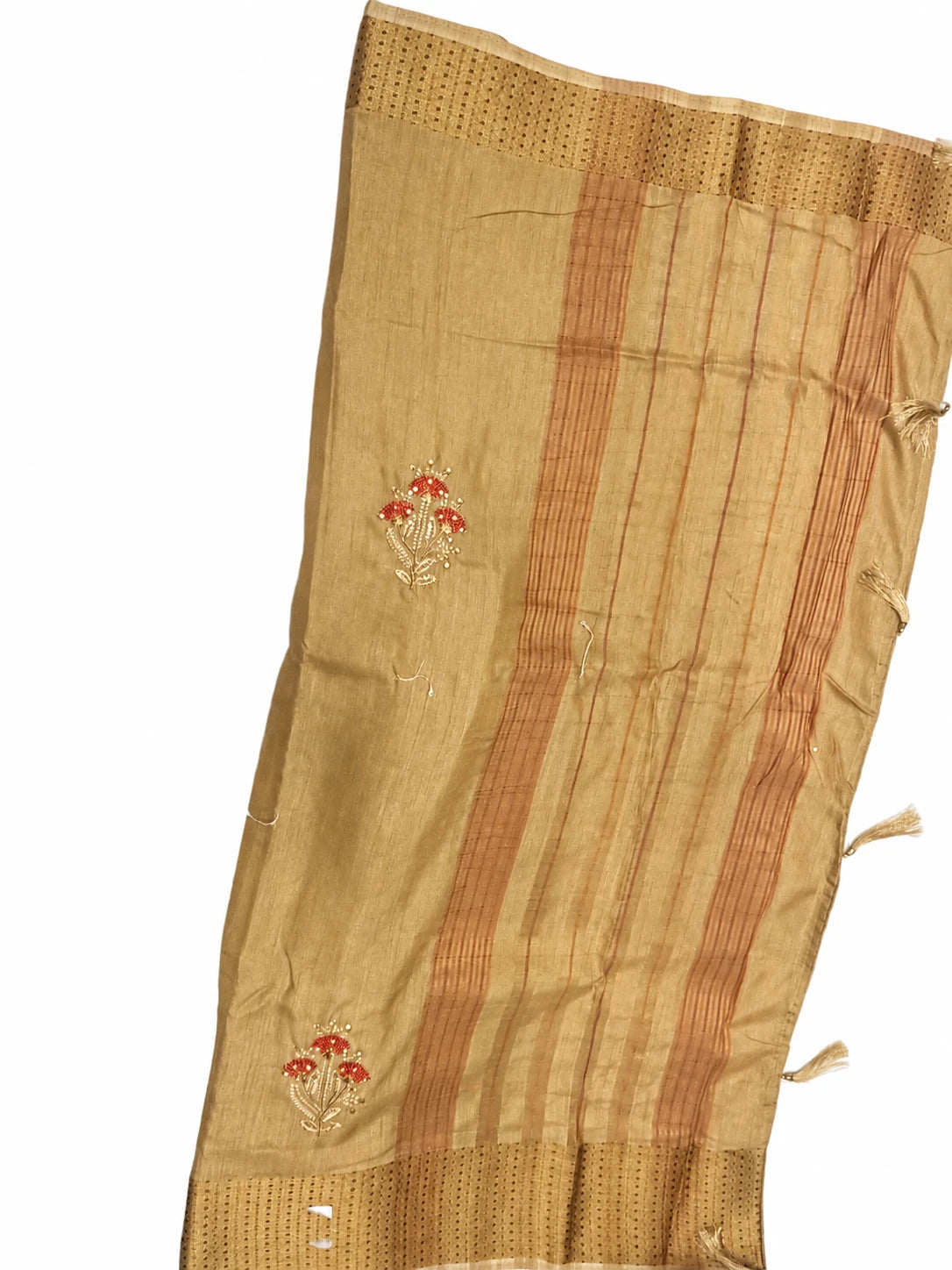 Lekha — Sand Gold Sprig Saree, retouched garment detail 1 on a clean background