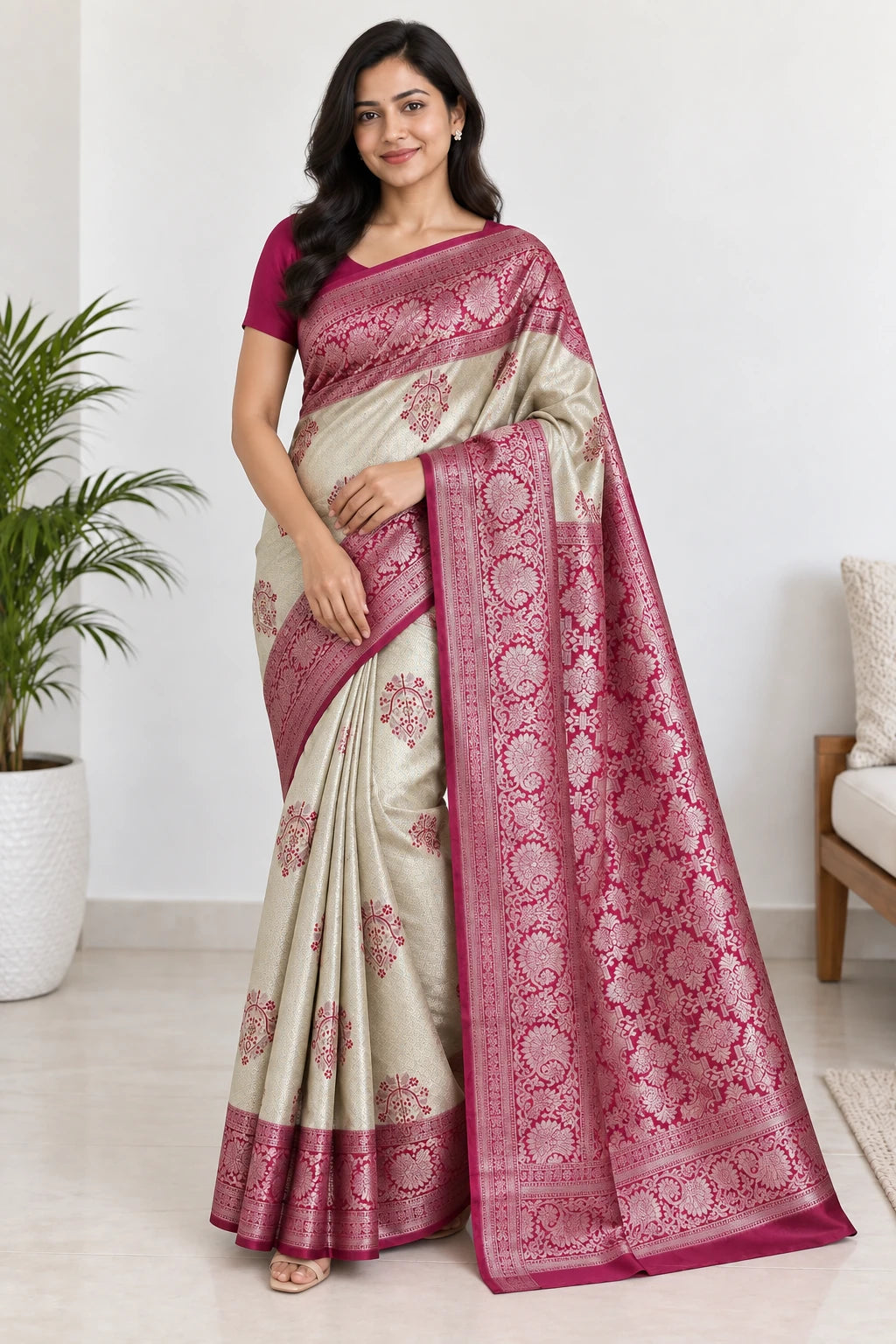 Maithili — Pearl Fuchsia Ornamental Saree, model-worn styling photograph