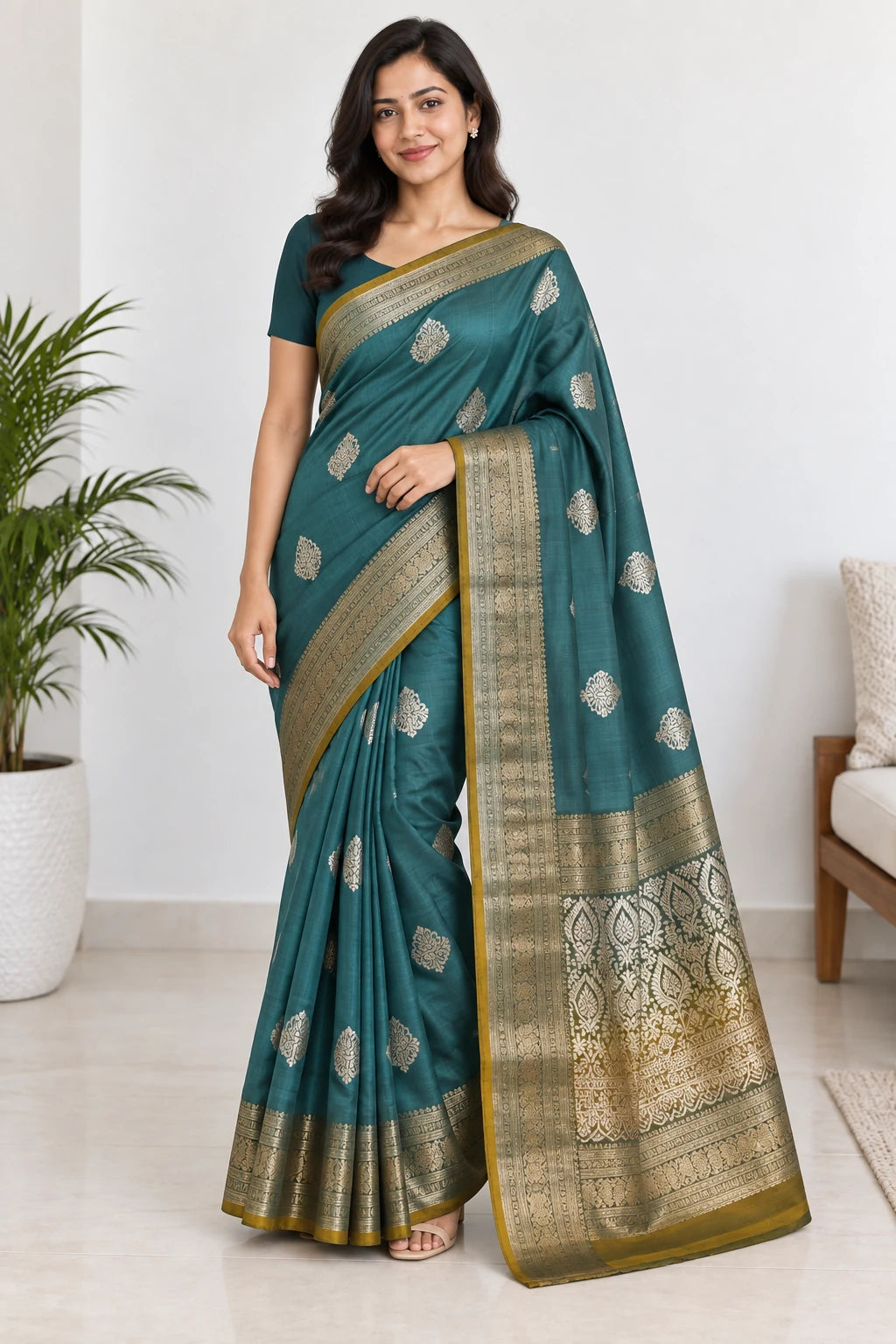 Malini — Teal Gold Paisley Saree, model-worn styling photograph