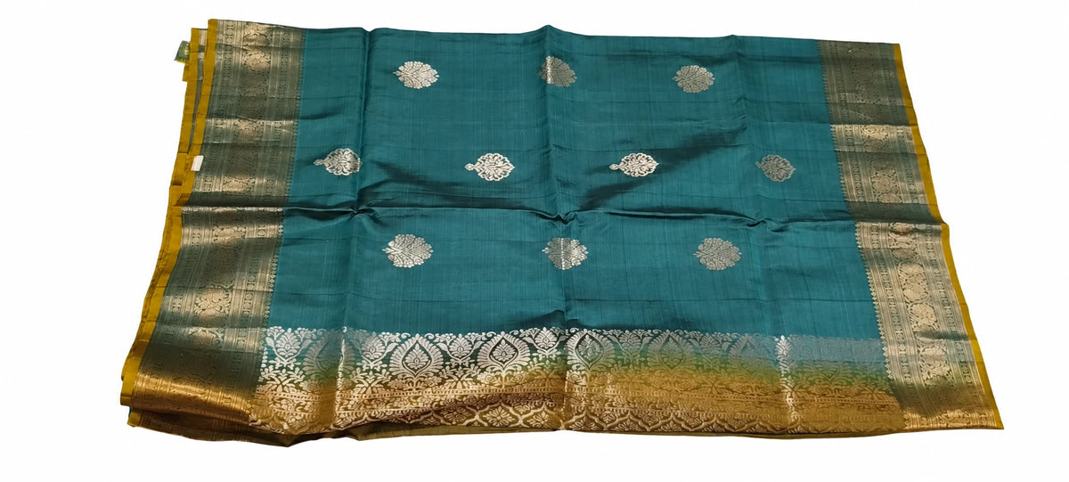 Malini — Teal Gold Paisley Saree, retouched garment view on a clean background