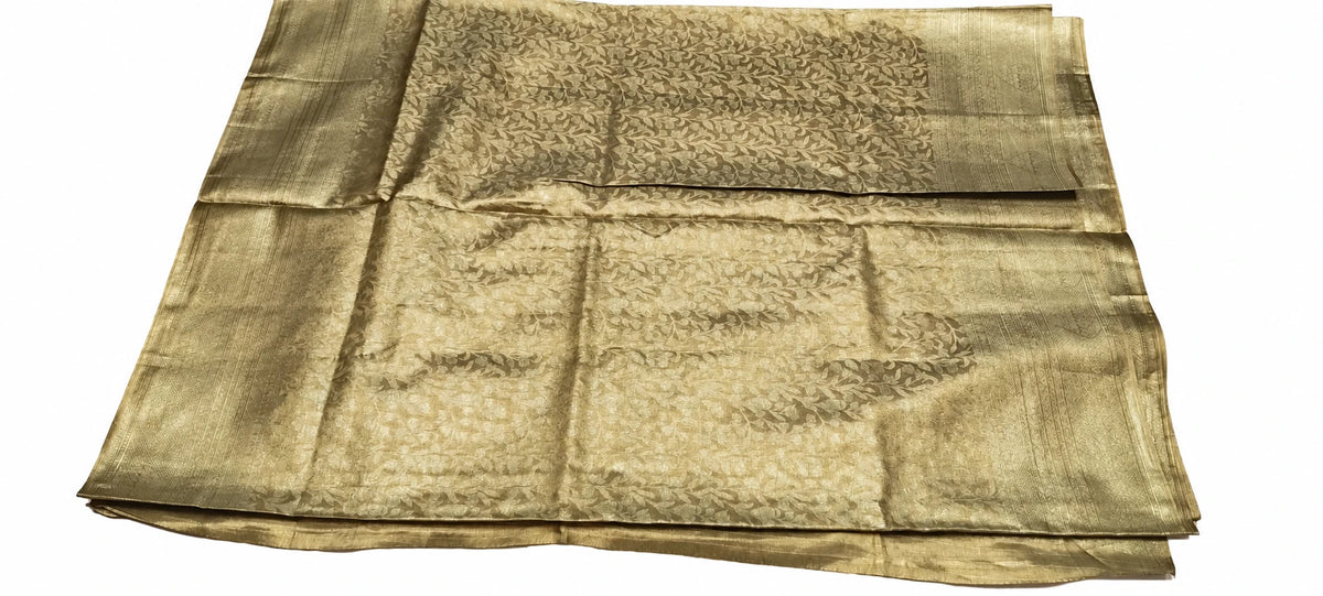 Moksha — Antique Gold Leaf Vine Saree, retouched garment view on a clean background
