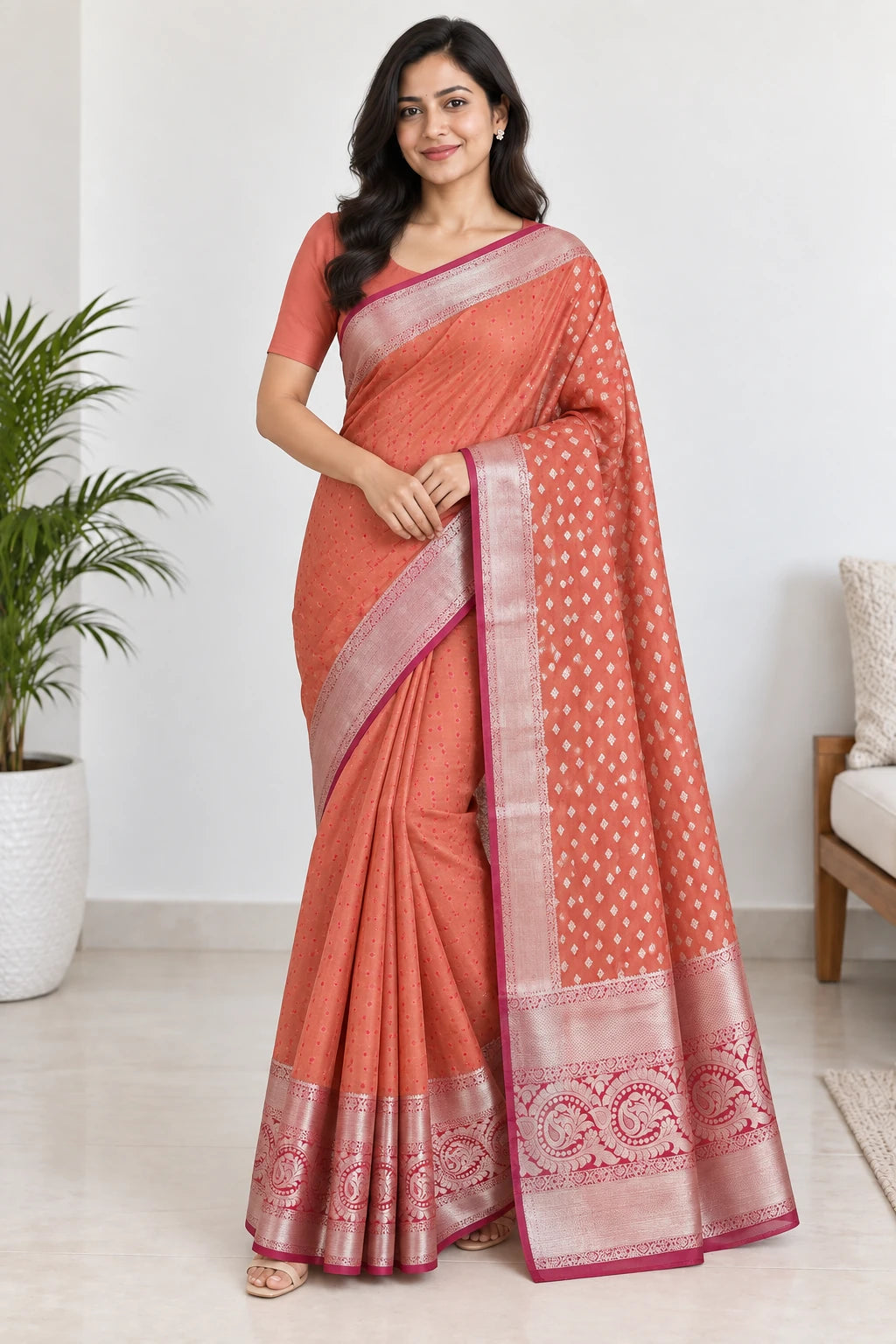 Niharika — Orange Fuchsia Silver Border Saree, model-worn styling photograph