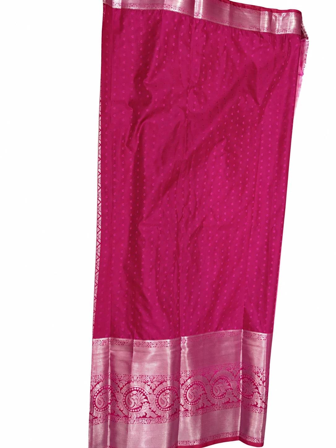 Niharika — Orange Fuchsia Silver Border Saree, retouched garment detail 2 on a clean background