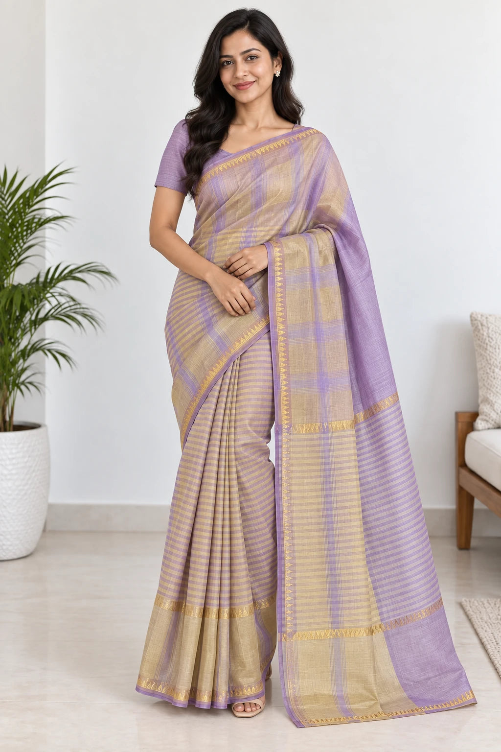 Padma — Lilac Gold Stripe Saree, model-worn styling photograph