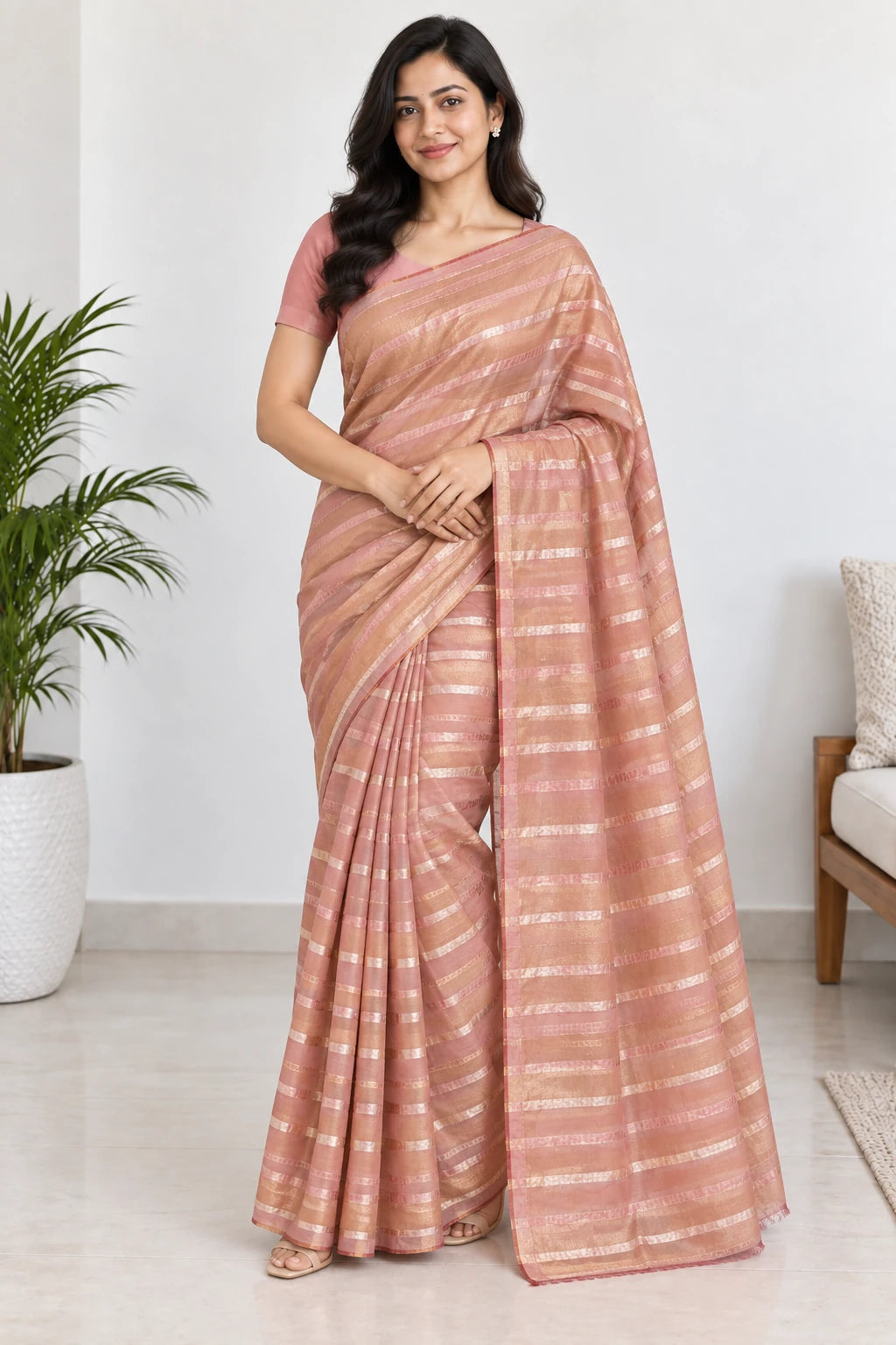 Pallavi — Peach Gold Stripe Saree, model-worn styling photograph