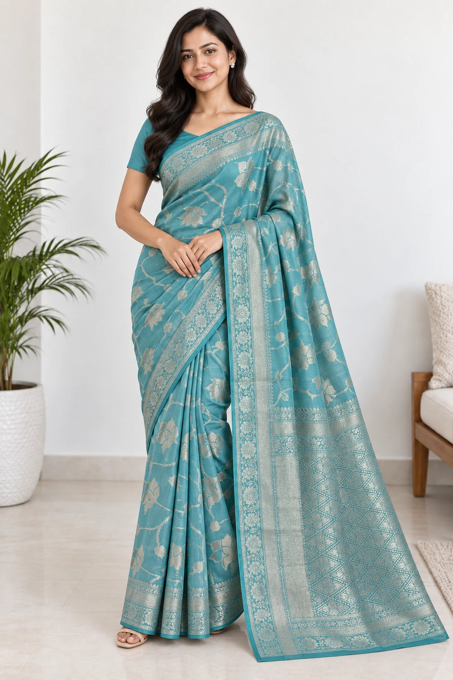 Parnika — Aqua Silver Lotus Saree
