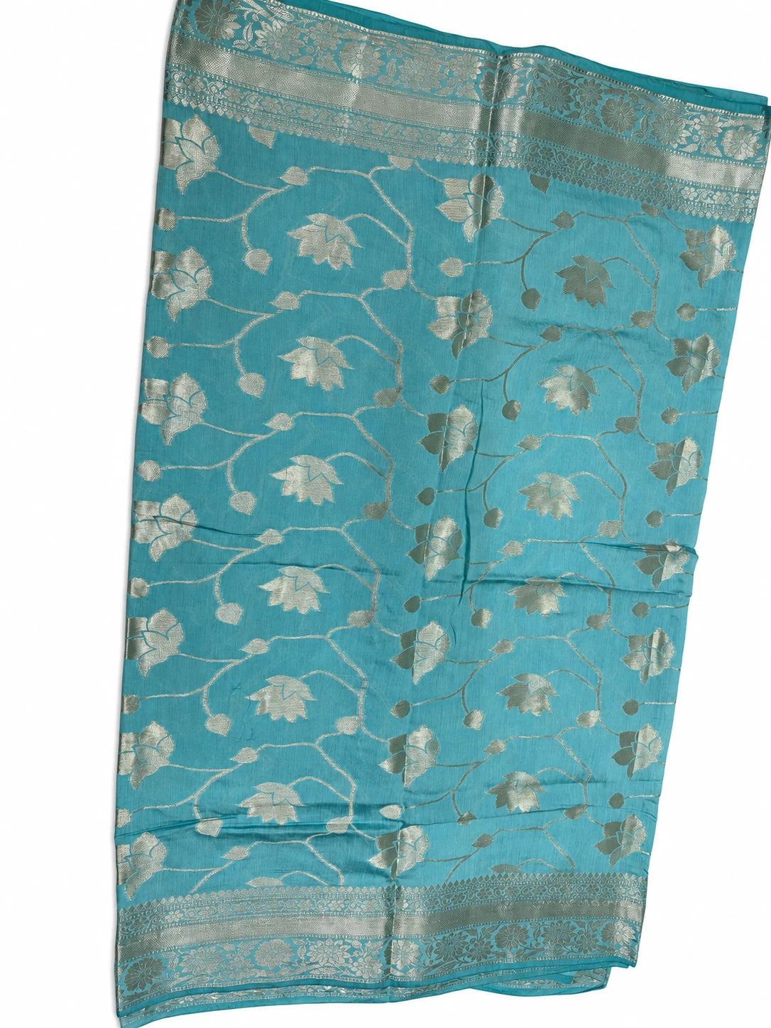 Parnika — Aqua Silver Lotus Saree, retouched garment view on a clean background