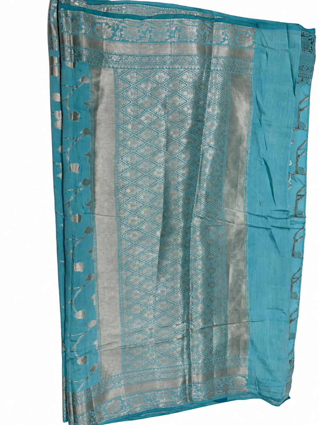 Parnika — Aqua Silver Lotus Saree, retouched garment detail 1 on a clean background