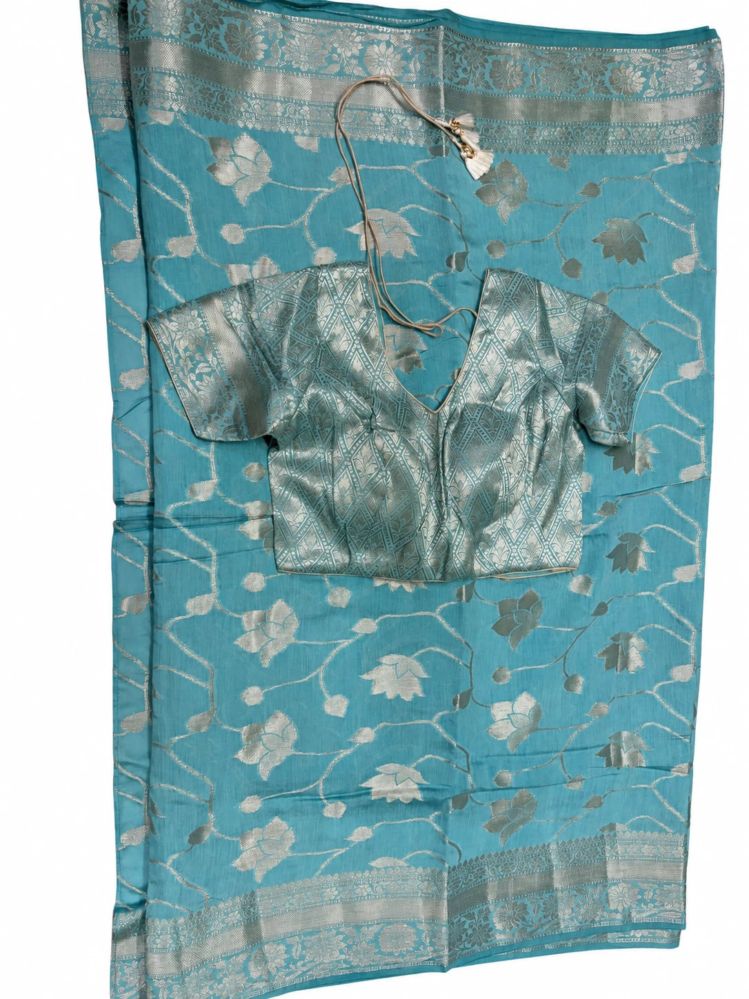 Parnika — Aqua Silver Lotus Saree, retouched garment detail 2 on a clean background