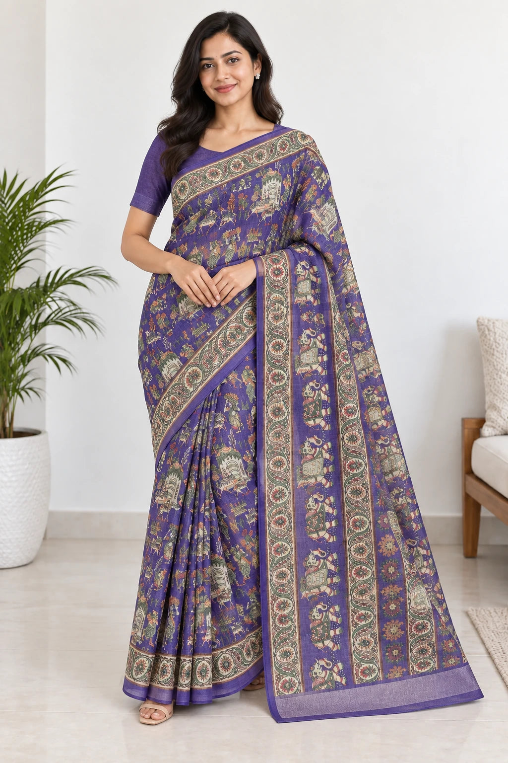 Rishika — Violet Procession Motif Saree, model-worn styling photograph